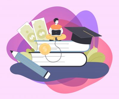 Tiny college or university student making loan to take degree. Male character with laptop sitting on stack of books, paying money or tuition fee for school flat vector illustration. Economy, education, finance system